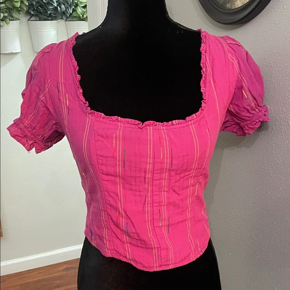 Free People Serotonin Corset Smocked Puff Sleeve Pink